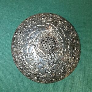 Ornate Round Decorative Silver-Tone Brooch